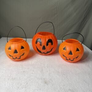 Vtg Lot 3 Blow Mold Halloween Orange Pumpkin Candy Buckets Pail Jack-o-lantern